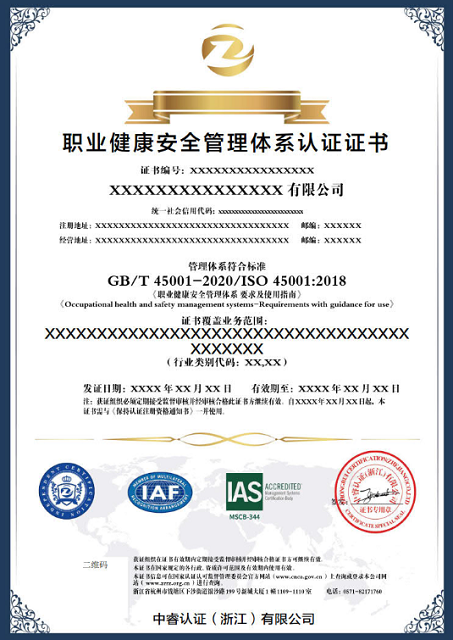 ISO45001證書樣本